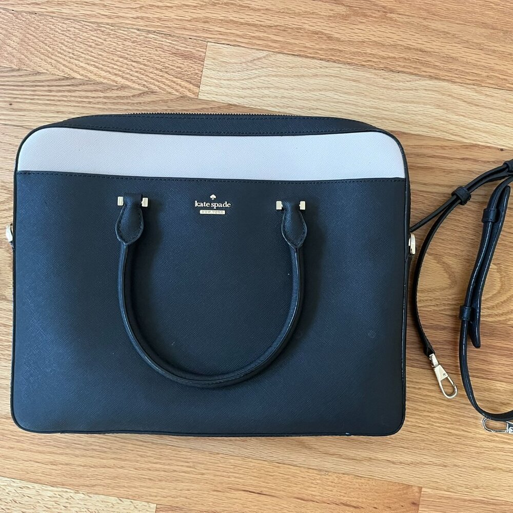 KATE SPADE NY Black Tan Leather Laptop Computer Bag Super Clean!